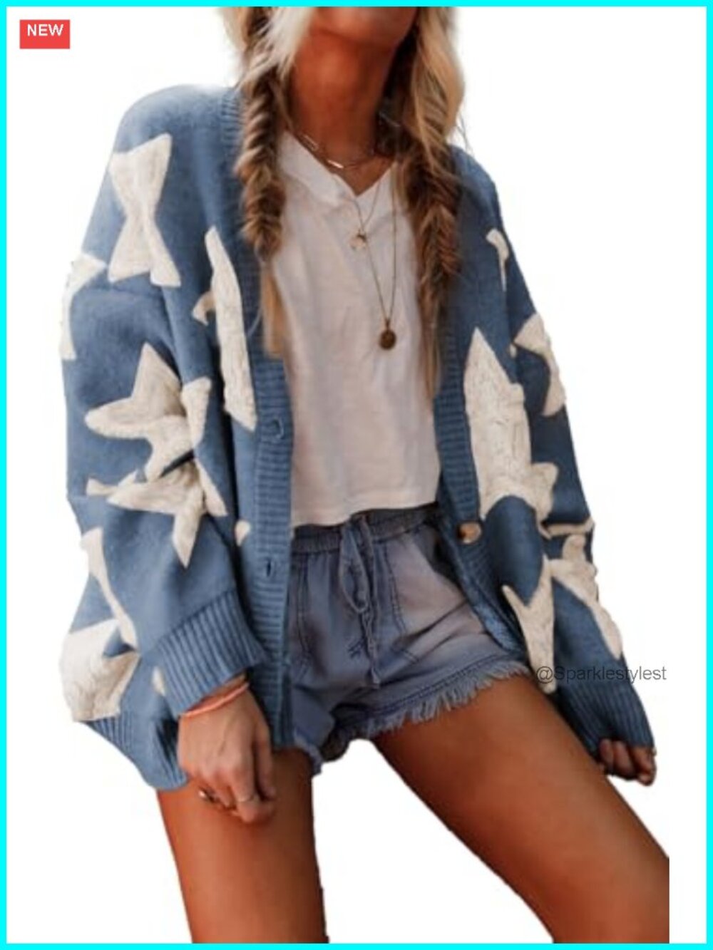Star Sherpa Knit Cardigan Open Front Tunic Oversized Sweater Coat